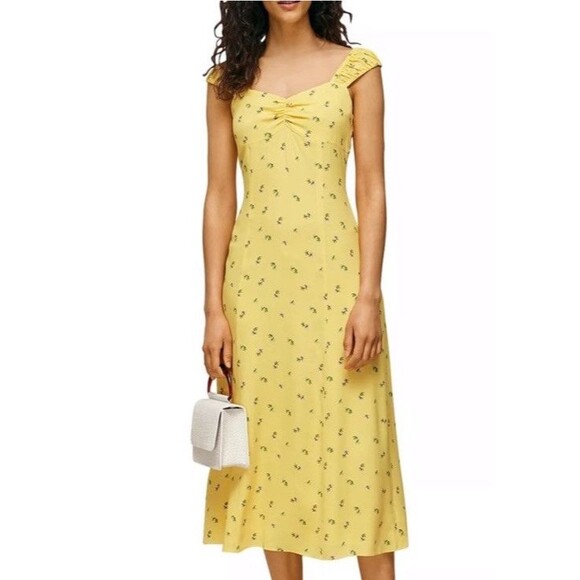 Whistles Forget Me Not Midi Dress‎ Womens Size 6 Yellow blue Floral print  smoky - Picture 1 of 11
